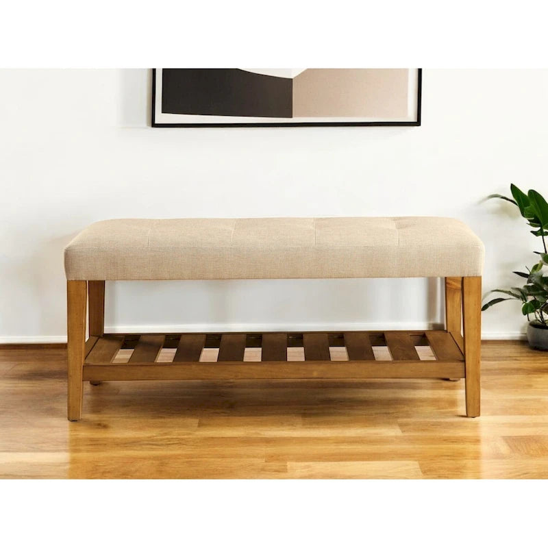 HomeRoots 40  Beige and Brown Upholstered Polyester Bench with Shelves