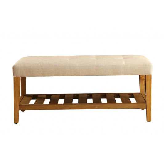HomeRoots 40  Beige and Brown Upholstered Polyester Bench with Shelves