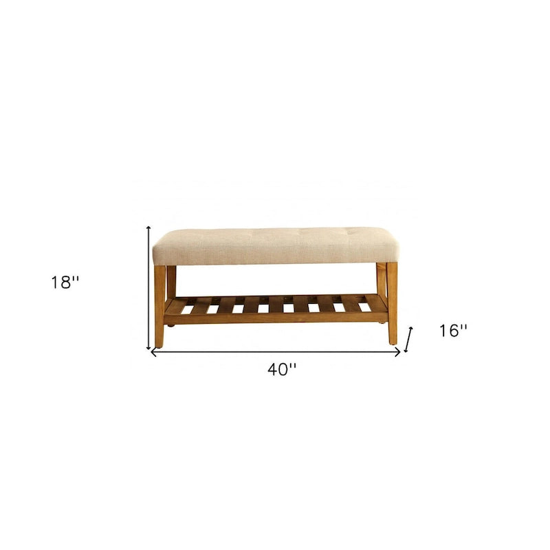 HomeRoots 40  Beige and Brown Upholstered Polyester Bench with Shelves