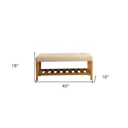 HomeRoots 40  Beige and Brown Upholstered Polyester Bench with Shelves