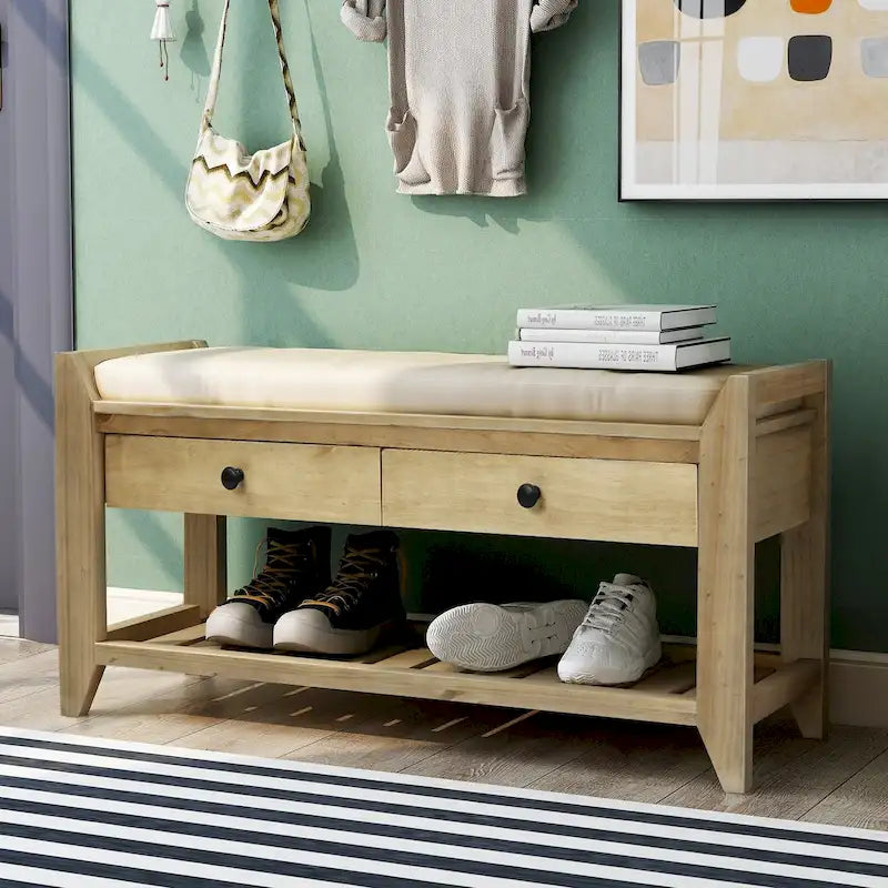 Contemporary Cushioned Shoe Rack with 2 Drawers and Open Shelf