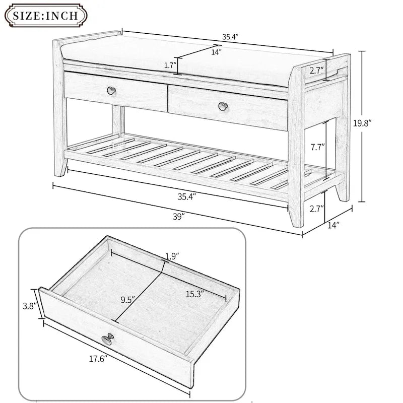 Contemporary Cushioned Shoe Rack with 2 Drawers and Open Shelf