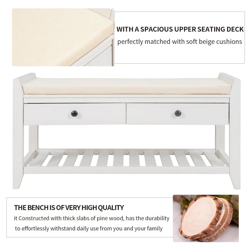 Contemporary Cushioned Shoe Rack with 2 Drawers and Open Shelf