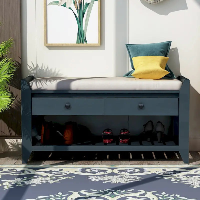 Contemporary Cushioned Shoe Rack with 2 Drawers and Open Shelf