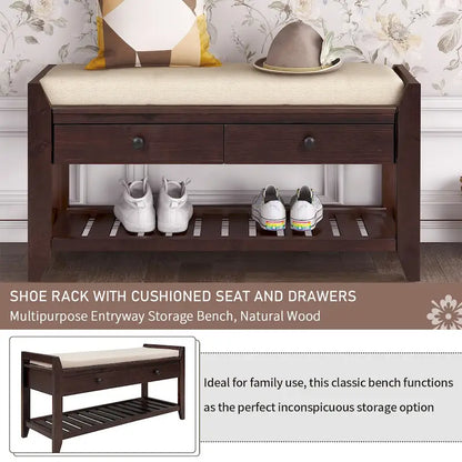 Contemporary Cushioned Shoe Rack with 2 Drawers and Open Shelf