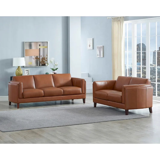 Hydeline Maui Top Grain Leather Sofa and Loveseat Set With Feather, Memory Foam and Springs