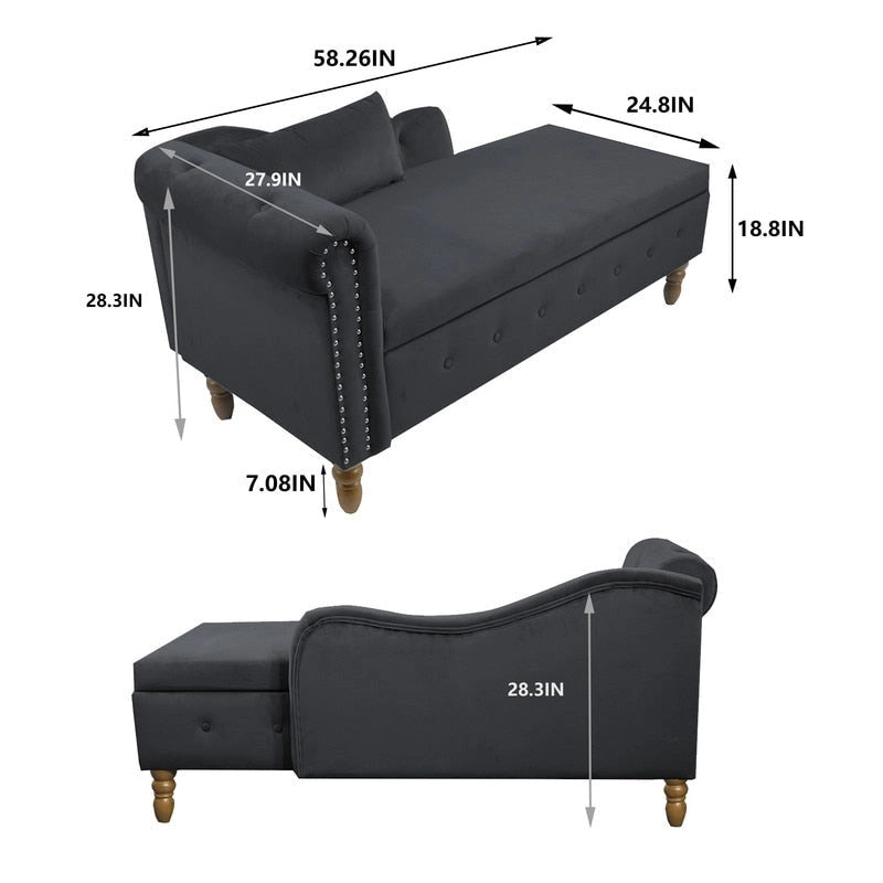 Chaise Lounge Indoor,Velvet Lounge Chair for Bedroom with Storage & Pillow,Modern Upholstered Rolled Arm Chase Lounge