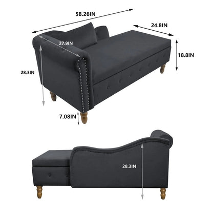 Chaise Lounge Indoor,Velvet Lounge Chair for Bedroom with Storage & Pillow,Modern Upholstered Rolled Arm Chase Lounge