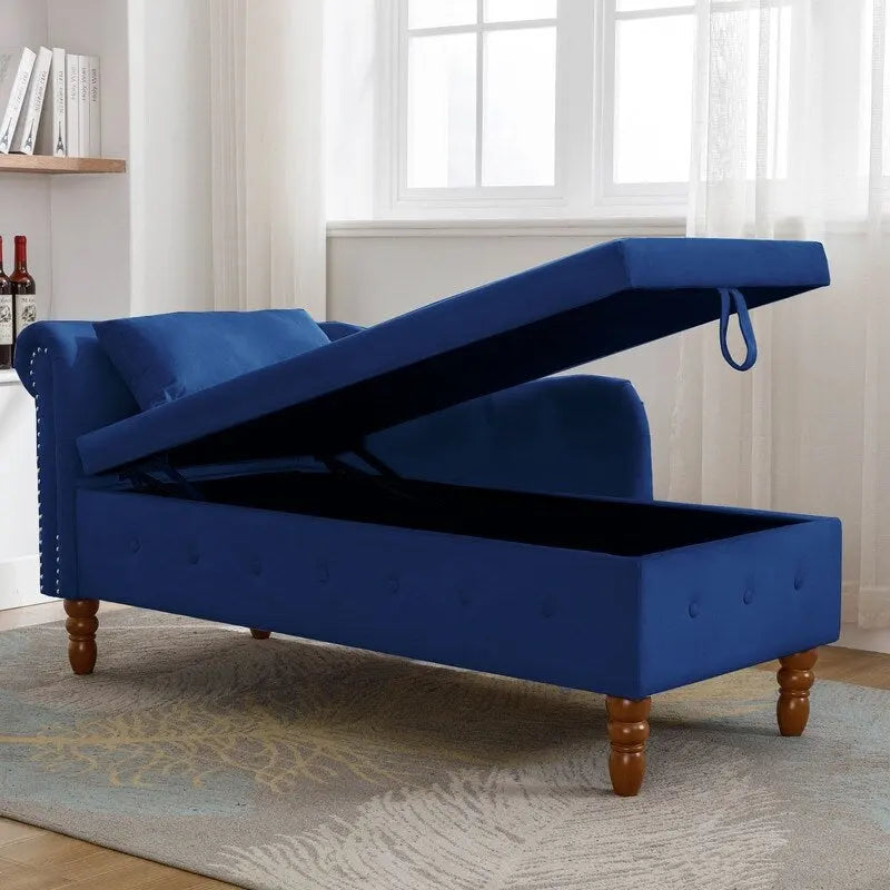 Chaise Lounge Indoor,Velvet Lounge Chair for Bedroom with Storage & Pillow,Modern Upholstered Rolled Arm Chase Lounge
