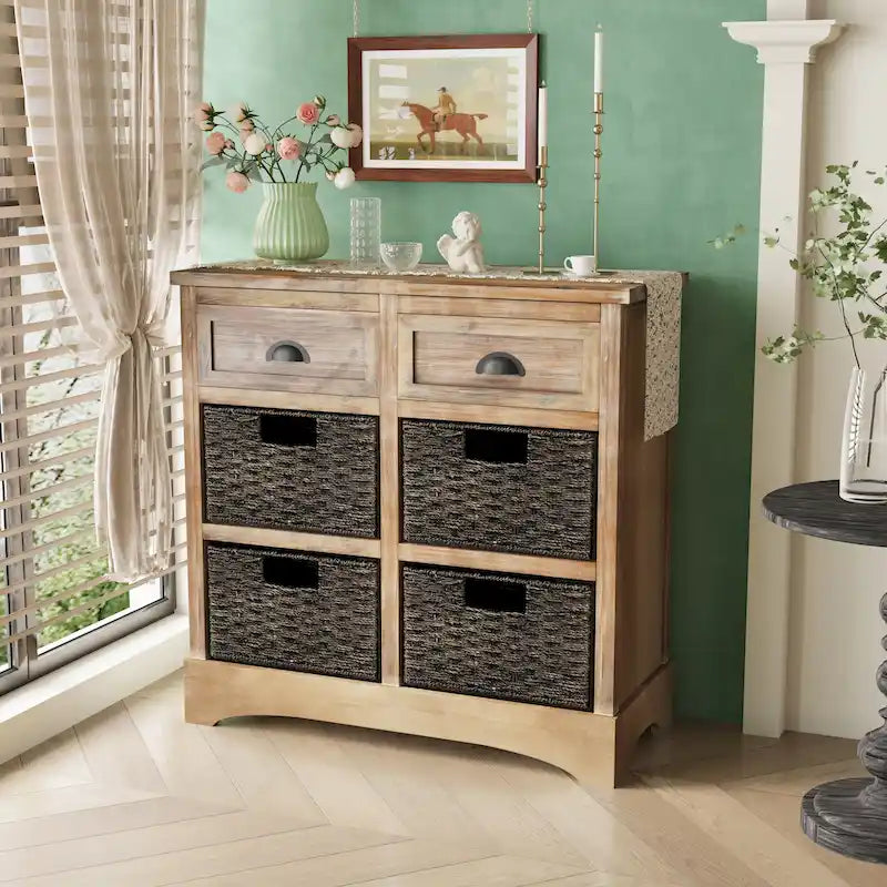 Storage Cabinet with Two Drawers and Four Classic Rattan Basket