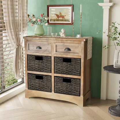 Storage Cabinet with Two Drawers and Four Classic Rattan Basket