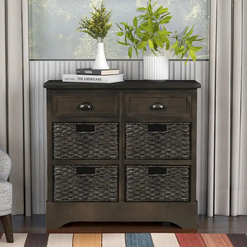 Storage Cabinet with Two Drawers and Four Classic Rattan Basket