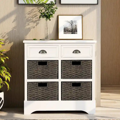 Storage Cabinet with Two Drawers and Four Classic Rattan Basket
