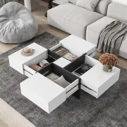 Unique Design Coffee Table with 4 Hidden Storage Compartments, Square Cocktail Table with Extendable Sliding Tabletop