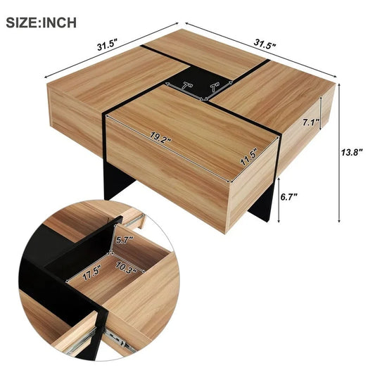 Unique Design Coffee Table with 4 Hidden Storage Compartments, Square Cocktail Table with Extendable Sliding Tabletop