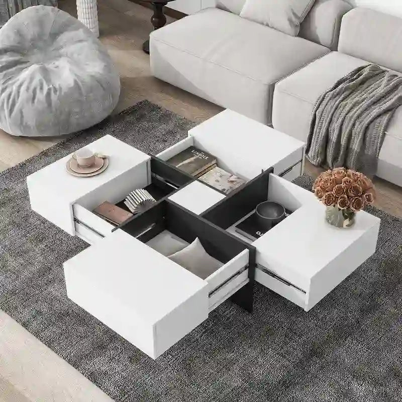 Unique Design Coffee Table with 4 Hidden Storage Compartments, Square Cocktail Table with Extendable Sliding Tabletop