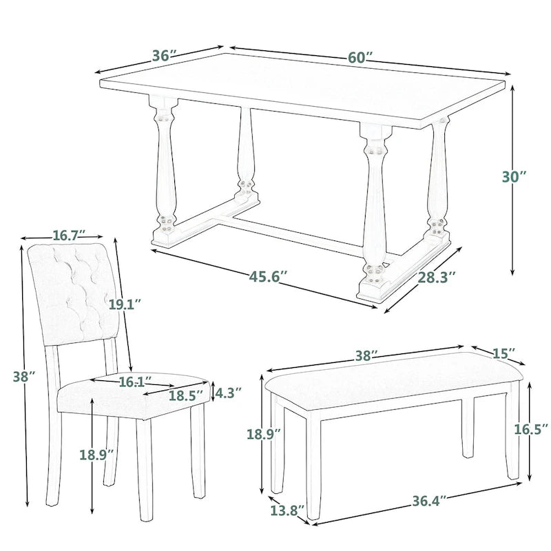 Nestfair 6-Piece Dining Table Set with 4 Chairs and 1 Bench
