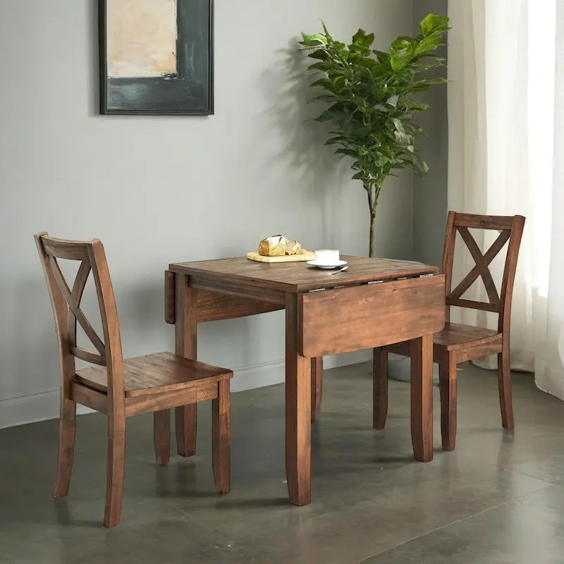 3-Piece Wood Drop Leaf Breakfast Nook Dining Table Set with 2 X-back Chairs for Small Places