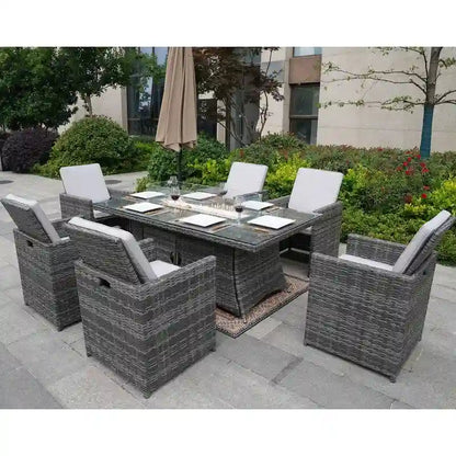 7-Piece Patio Wicker Rectangle Firepit Table with Chairs