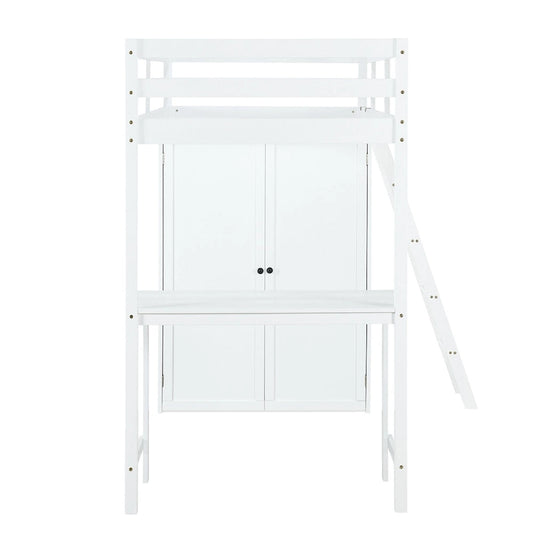 Merax Loft Bed with Wardrobe and Desk and Shelves