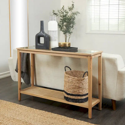Wood Slim Natural 1 Shelf Console Table with Glass Top and Rattan Shelf - Brown - Roche River Decor - 14 Wx47 Lx32 H