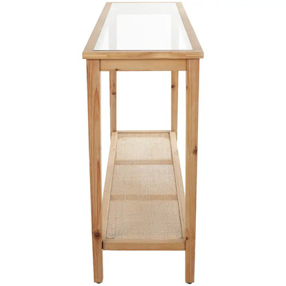 Wood Slim Natural 1 Shelf Console Table with Glass Top and Rattan Shelf - Brown - Roche River Decor - 14 Wx47 Lx32 H