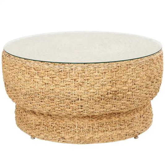 Rattan and Seagrass Handmade Woven Tapered Coffee Table or Accent Table with Glass Top Brown Roche River Decor
