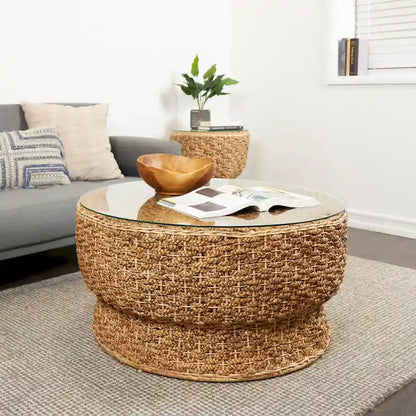 Rattan and Seagrass Handmade Woven Tapered Coffee Table or Accent Table with Glass Top Brown Roche River Decor
