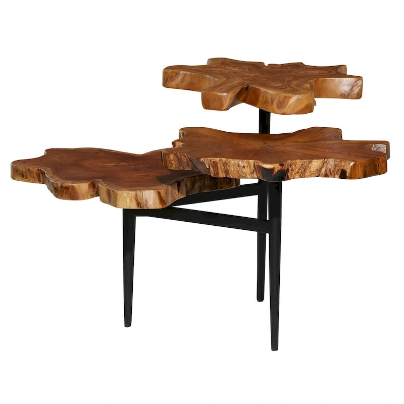 Teak Wood Handmade Live Edge 3 Tier Accent Table with Black Base - Brown - Roche River Decor - 36 W x 34 L x 24 H