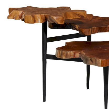 Teak Wood Handmade Live Edge 3 Tier Accent Table with Black Base - Brown - Roche River Decor - 36 W x 34 L x 24 H