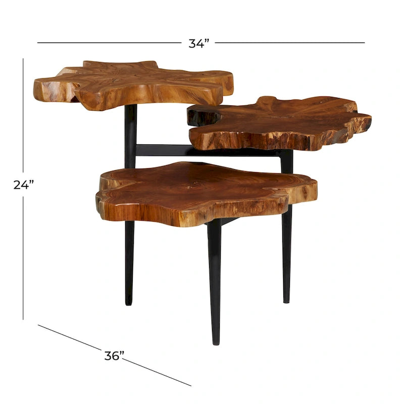 Teak Wood Handmade Live Edge 3 Tier Accent Table with Black Base - Brown - Roche River Decor - 36 W x 34 L x 24 H