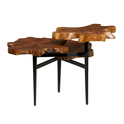 Teak Wood Handmade Live Edge 3 Tier Accent Table with Black Base - Brown - Roche River Decor - 36 W x 34 L x 24 H