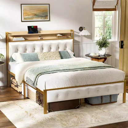 Hausource Upholstered Bed Frame White: LED Headboard, USB Ports, No Box Spring Needed
