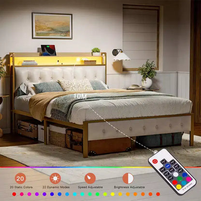 Hausource Upholstered Bed Frame White: LED Headboard, USB Ports, No Box Spring Needed