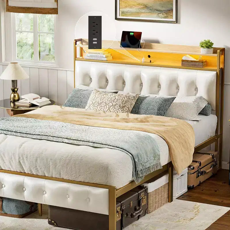 Hausource Upholstered Bed Frame White: LED Headboard, USB Ports, No Box Spring Needed