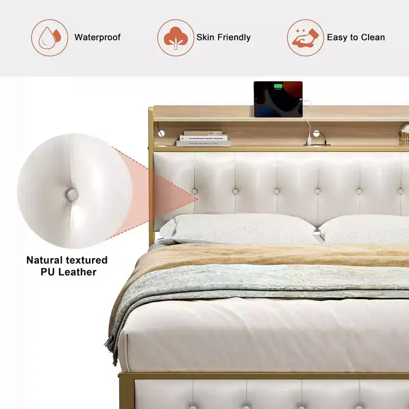 Hausource Upholstered Bed Frame White: LED Headboard, USB Ports, No Box Spring Needed