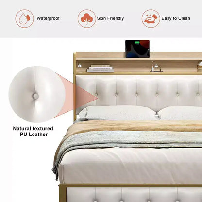 Hausource Upholstered Bed Frame White: LED Headboard, USB Ports, No Box Spring Needed