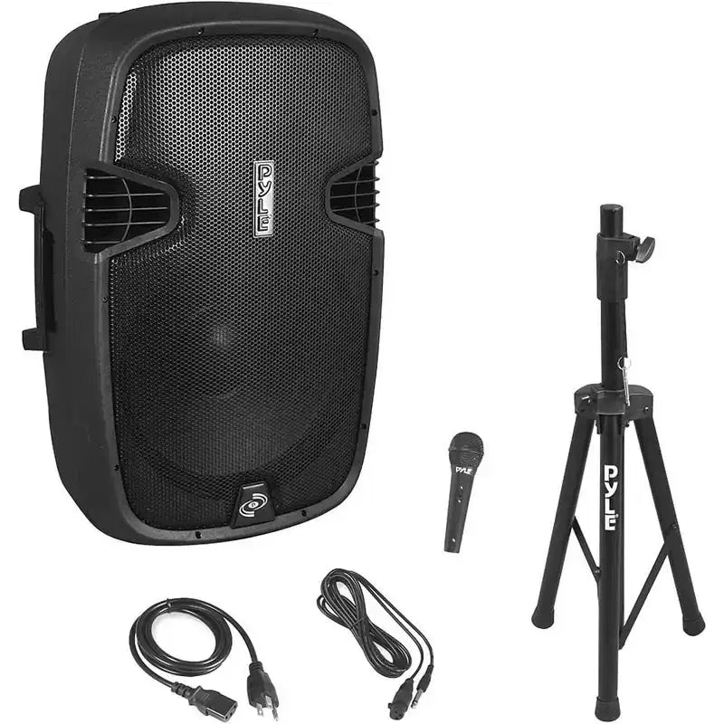 Pyle 15 Bluetooth PA Speaker System with Wired Microphone & Speaker Stand - Black