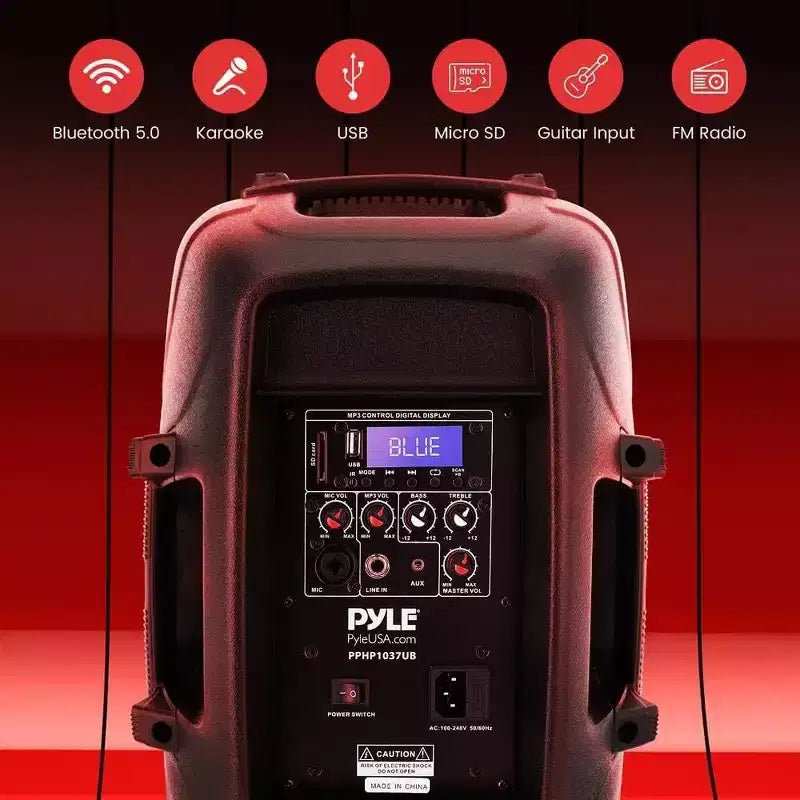 Pyle Impianto Altoparlanti PA Bluetooth, Subwoofer da 10", 1000W MAX, Radio FM, USB/SD, Ingresso Aux, Funzione di Registrazione PPHP1037UB