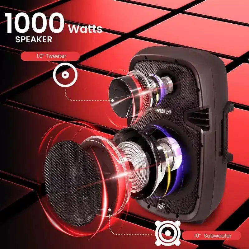 Pyle Impianto Altoparlanti PA Bluetooth, Subwoofer da 10", 1000W MAX, Radio FM, USB/SD, Ingresso Aux, Funzione di Registrazione PPHP1037UB