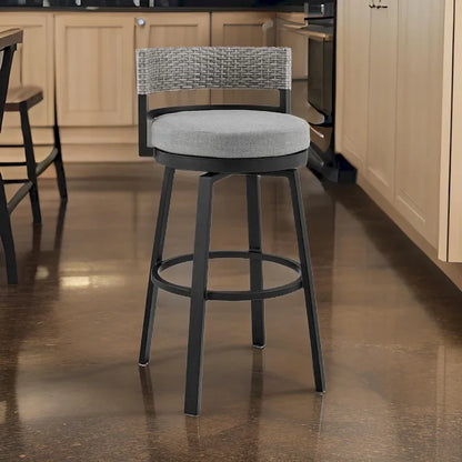 Ella 30 Inch Modern Outdoor Patio Swivel Bar Stool, Aluminum, Gray, Black