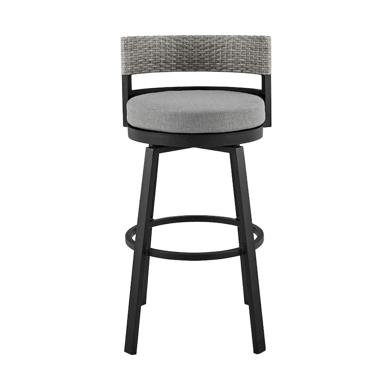 Ella 30 Inch Modern Outdoor Patio Swivel Bar Stool, Aluminum, Gray, Black