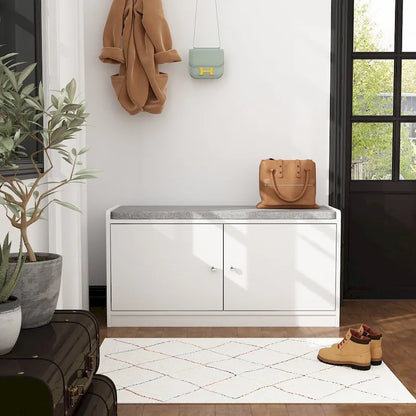 35.8 W White Storage Bench with Drawers and Padded Seat Cushion