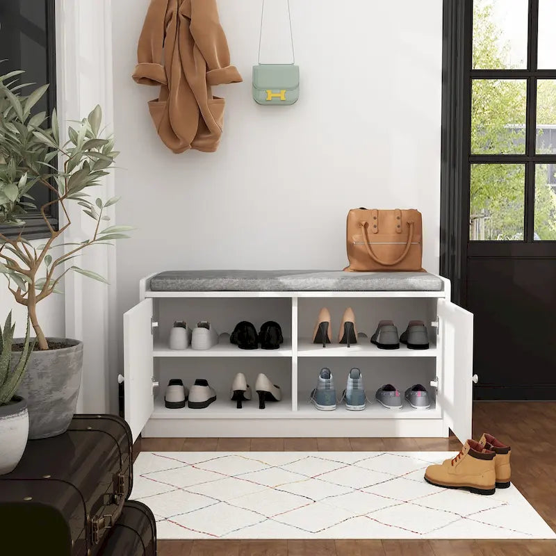 35.8 W White Storage Bench with Drawers and Padded Seat Cushion