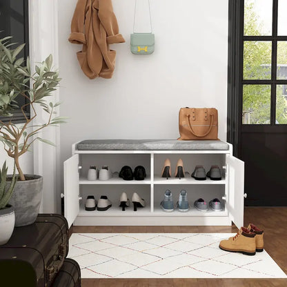 35.8 W White Storage Bench with Drawers and Padded Seat Cushion
