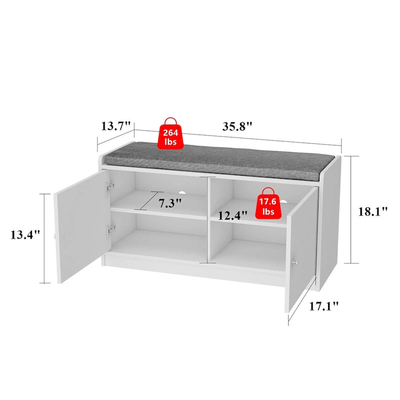 35.8 W White Storage Bench with Drawers and Padded Seat Cushion