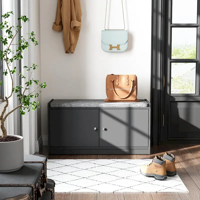 35.8 W White Storage Bench with Drawers and Padded Seat Cushion