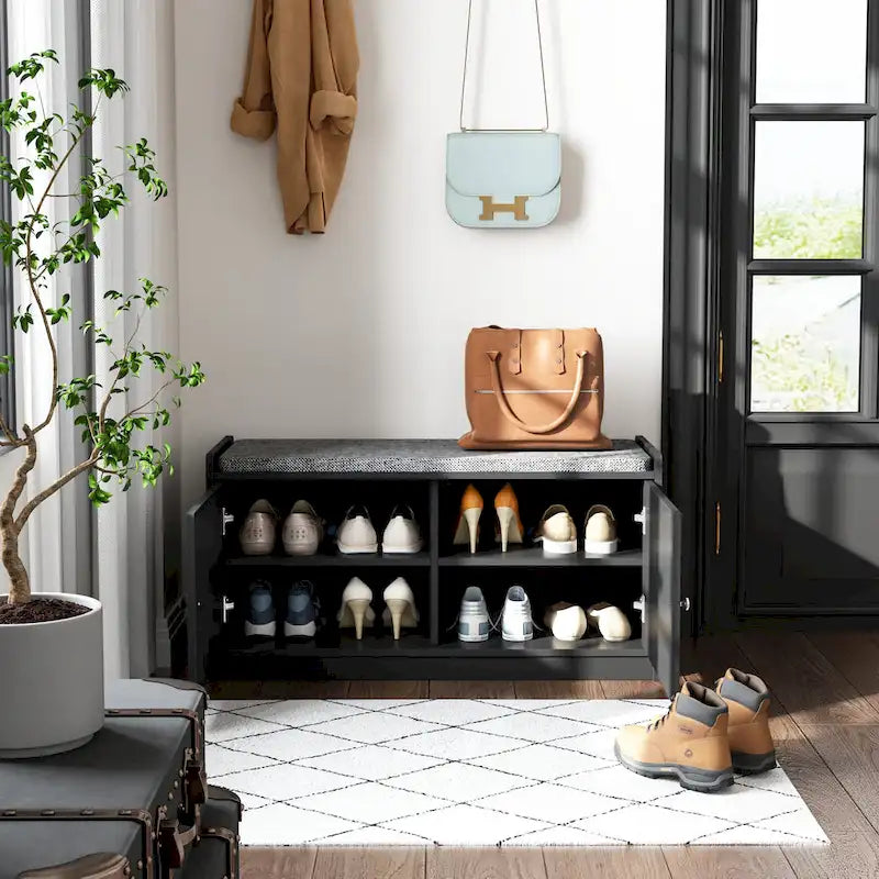 35.8 W White Storage Bench with Drawers and Padded Seat Cushion