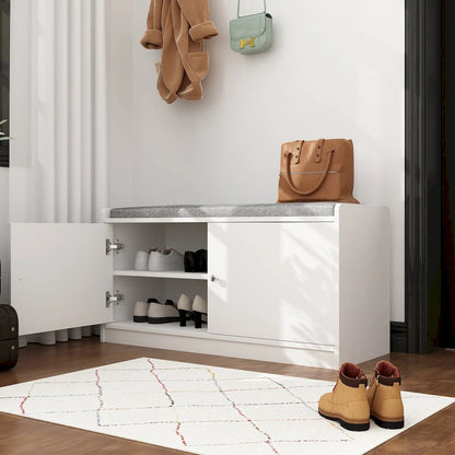 35.8 W White Storage Bench with Drawers and Padded Seat Cushion