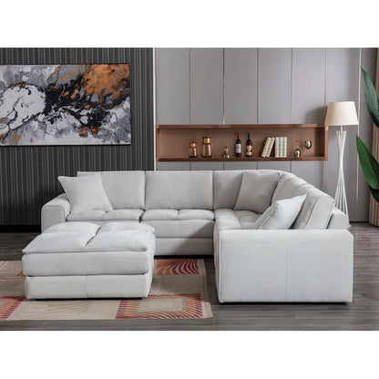 Roundhill Furniture Breton Contemporary Fabric Tufted Modular Sectional Sofa with Ottoman, Oyster
